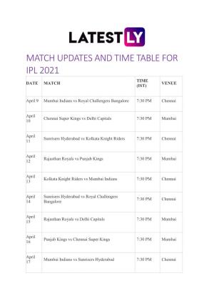 Match Updates and Time Table for Ipl 2021 Time Date Match Venue (Ist)