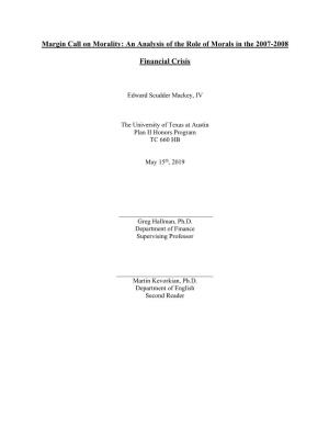 An Analysis of the Role of Morals in the 2007-2008 Financial Crisis