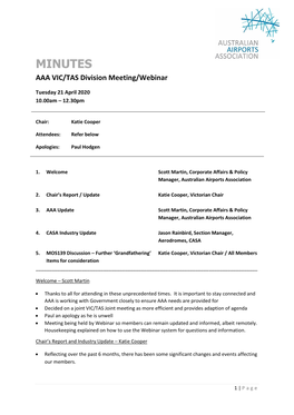MINUTES AAA VIC/TAS Division Meeting/Webinar