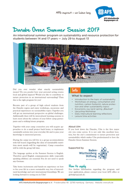 Danube Green Summer Session 2017 an International Summer Program on Sustainability and Resource Protection for Students Between 14 and 17 Years — July 29 to August 13