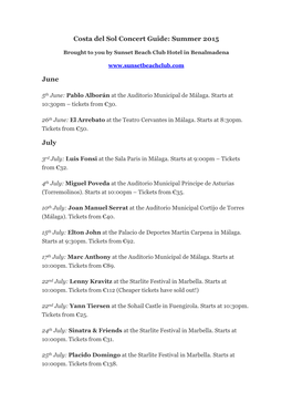 Costa Del Sol Concert Guide: Summer 2015