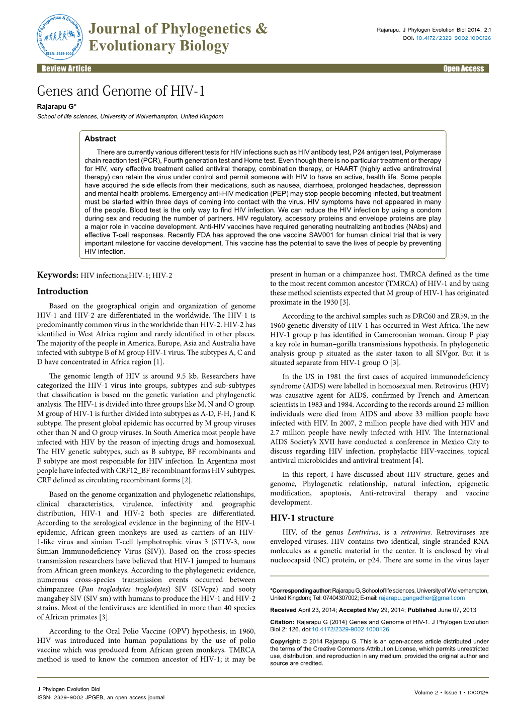 Rajarapu G .Genes and Genome of HIV-1. J Phylogen Evolution Biol