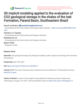 3D Implicit Modeling Applied to the Evaluation of CO2 Geological Storage in the Shales of the Irati Formation, Paraná Basin, Southeastern Brazil