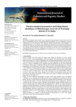 Physico-Chemical Parameters and Ichthyofauna Abundance of Dharmasagar Reservoir of Warangal District