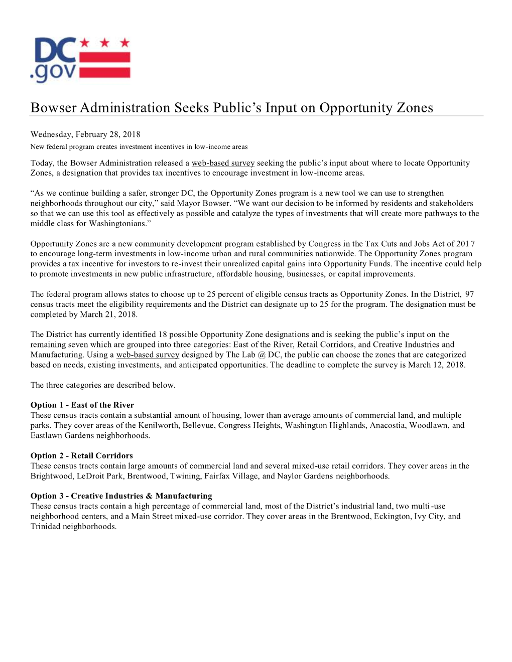 Washington, D.C. Bowser Administration Seeks Public's Input on Opportunity Zones