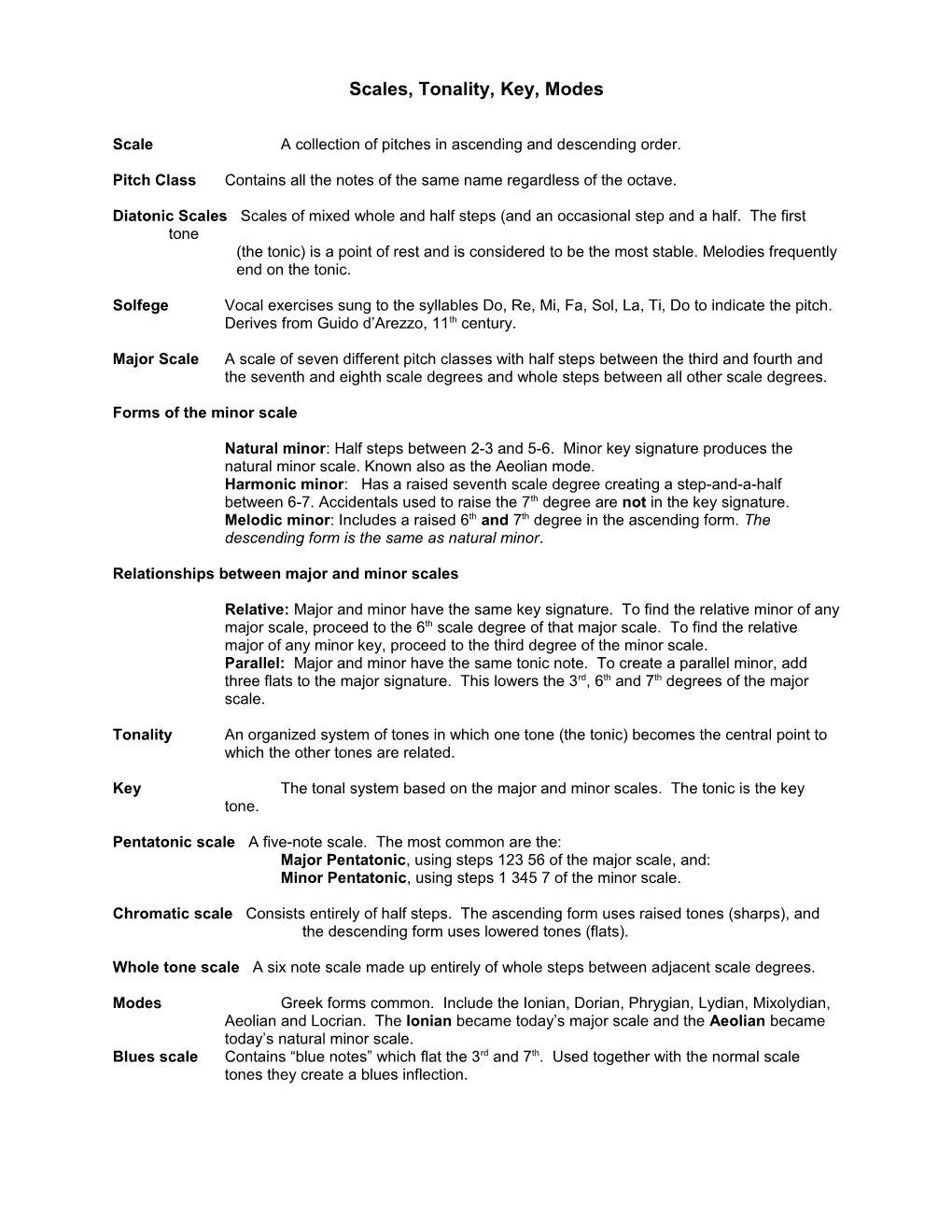 Scales, Tonality, Key, Modes