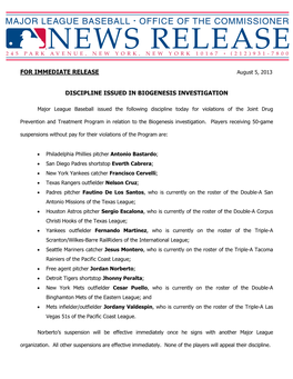 For Immediate Release Discipline Issued In