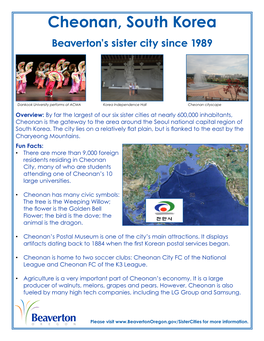 Cheonan, South Korea Beaverton’S Sister City Since 1989