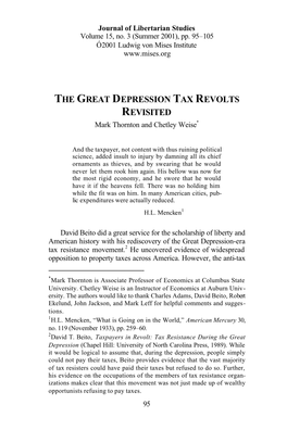 THE GREAT DEPRESSION TAX REVOLTS REVISITED Mark Thornton and Chetley Weise*