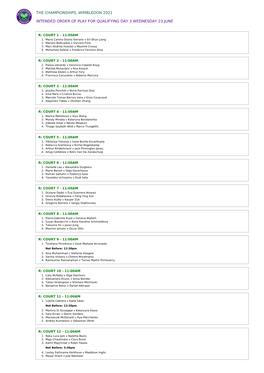 The Championships, Wimbledon 2021 Intended Order Of