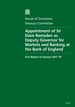 Appointment of Sir Dave Ramsden As Deputy Governor for Markets and Banking at the Bank of England