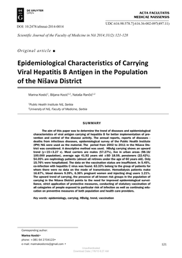 Epidemiological Characteristics of Carrying Viral Hepatitis B Antigen in the Population of the Nišava District