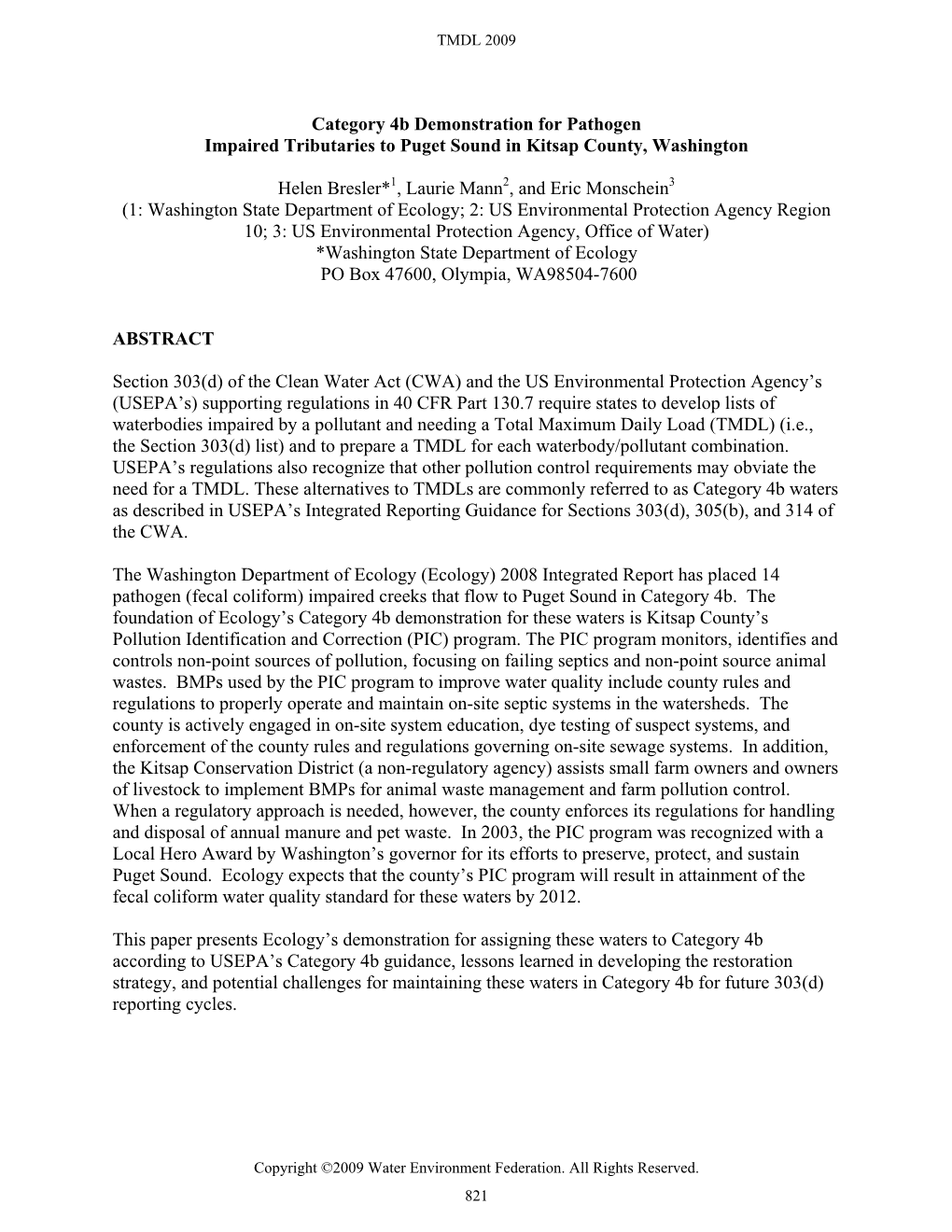 Category 4B Demonstration for Pathogen Impaired Tributaries to Puget Sound in Kitsap County, Washington