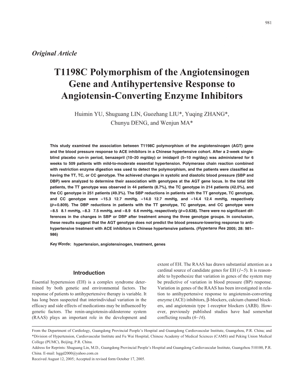 T1198C Polymorphism of the Angiotensinogen Gene and Antihypertensive Response to Angiotensin-Converting Enzyme Inhibitors