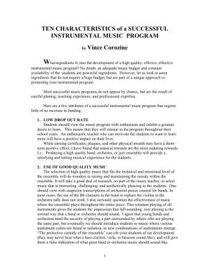 TEN CHARACTERISTICS of a SUCCESSFUL INSTRUMENTAL MUSIC PROGRAM by Vince Corozine