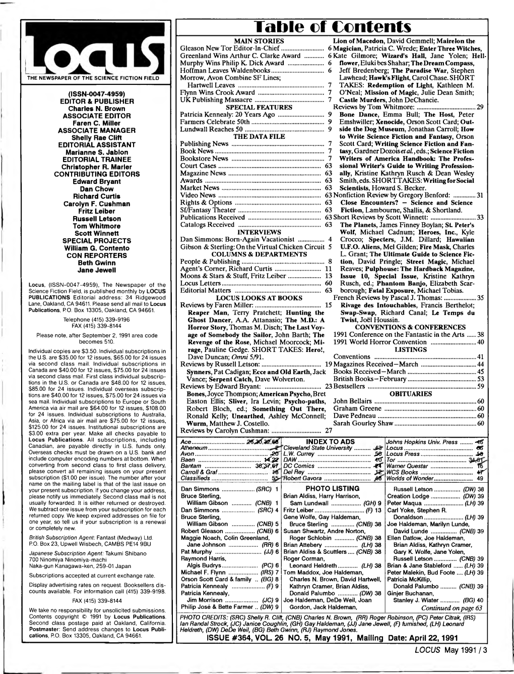 Table of Contents MAIN STORIES Lion of Macedon, David Gemmell; Mairelon the Gleason New Tor Editor-In-Chief