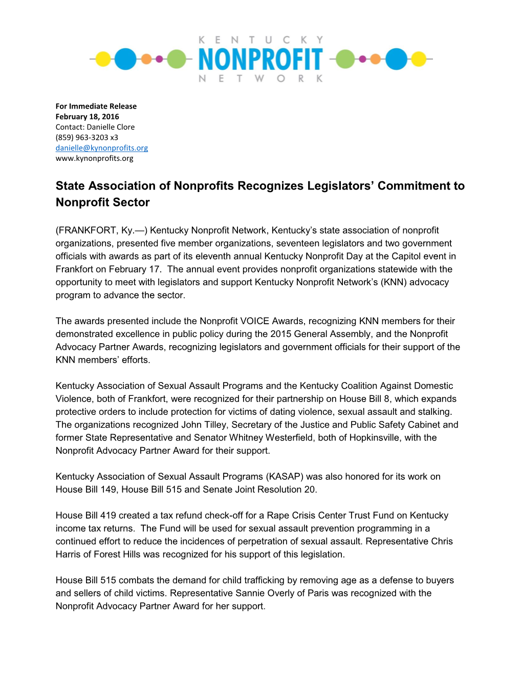 State Association of Nonprofits Recognizes Legislators’ Commitment to Nonprofit Sector