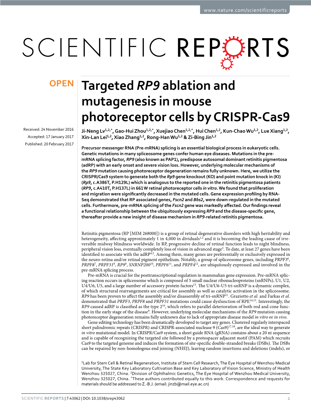 Targeted RP9 Ablation and Mutagenesis in Mouse Photoreceptor Cells by CRISPR-Cas9