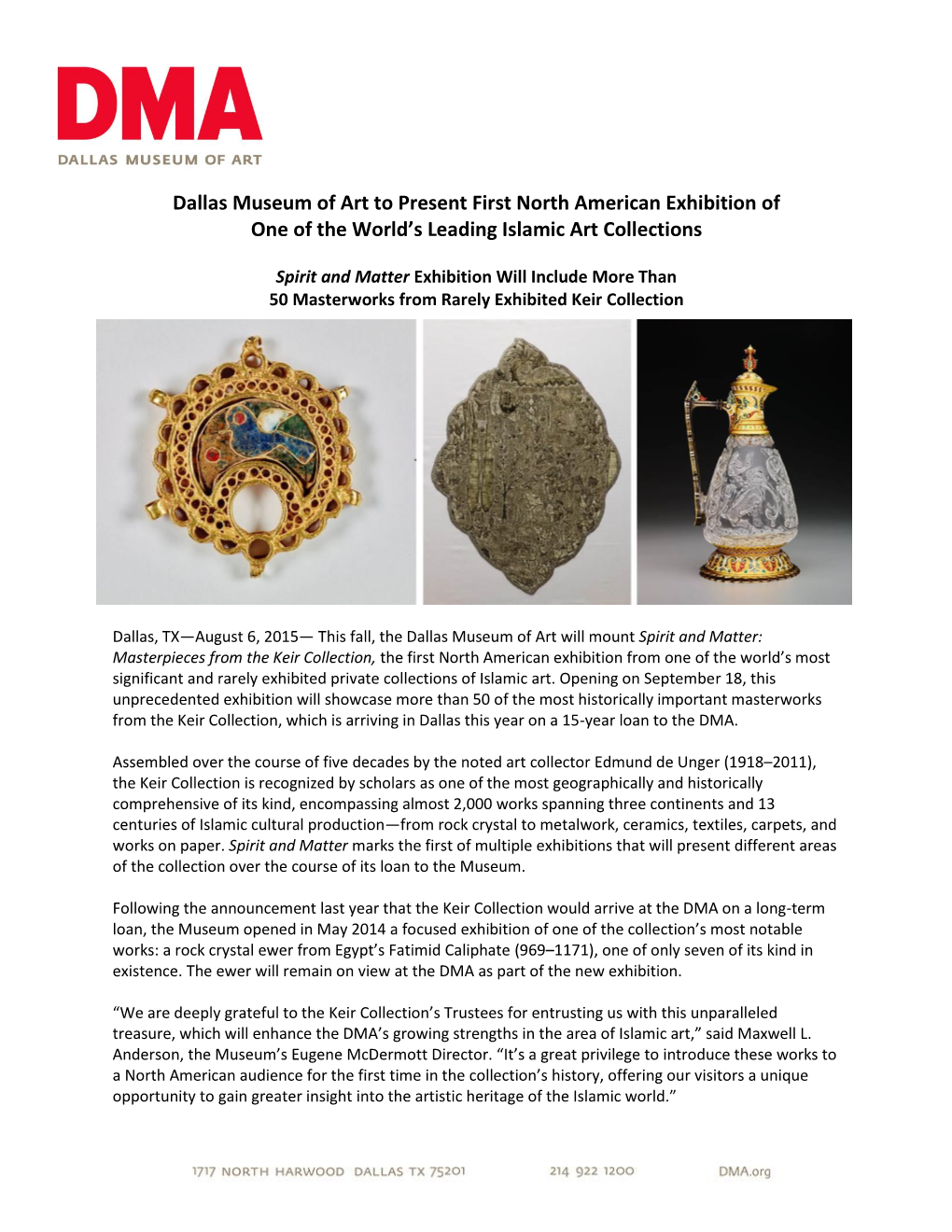 Dallas Museum of Art to Present First North American Exhibition of One of the World’S Leading Islamic Art Collections