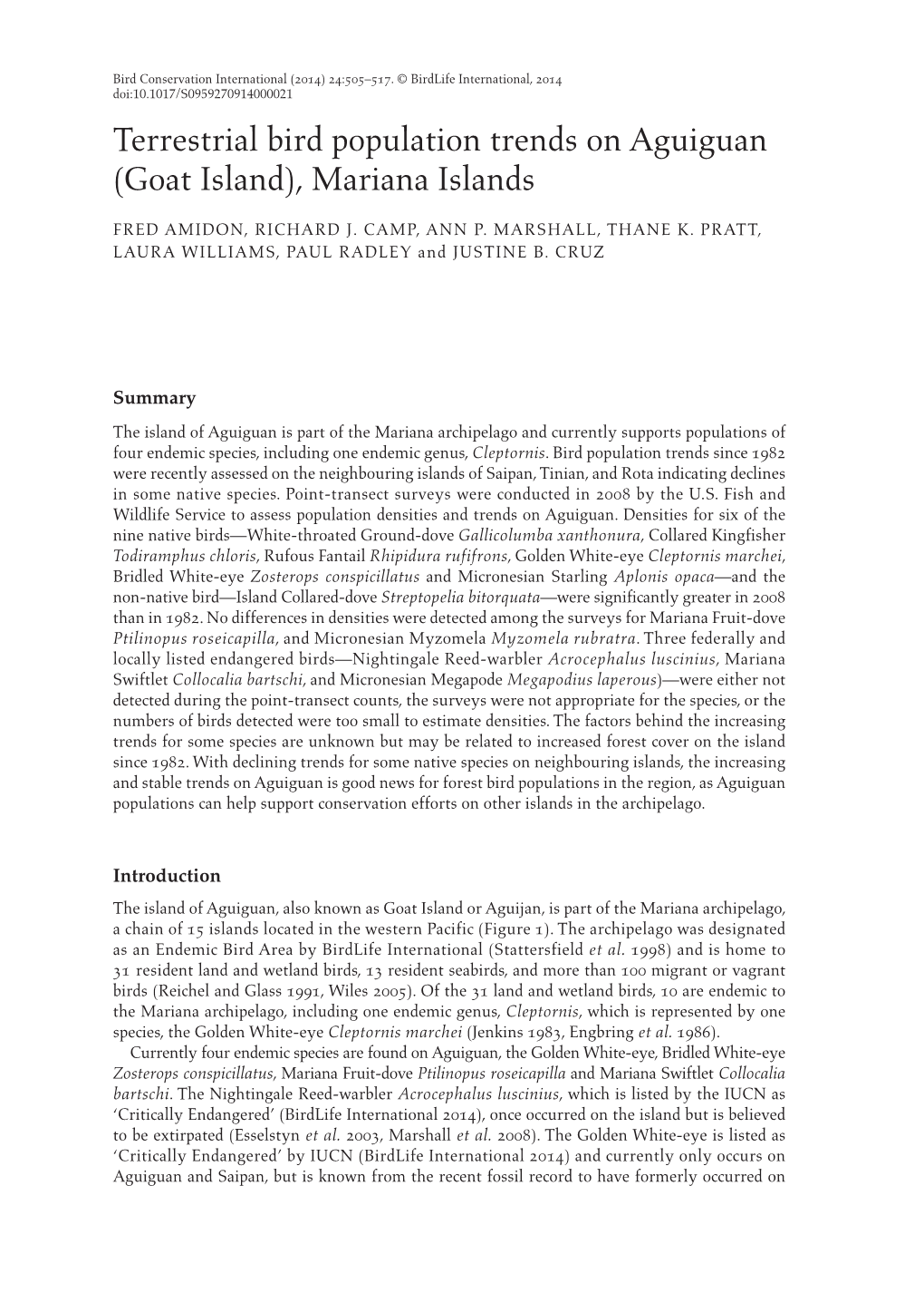 Terrestrial Bird Population Trends on Aguiguan (Goat Island), Mariana Islands