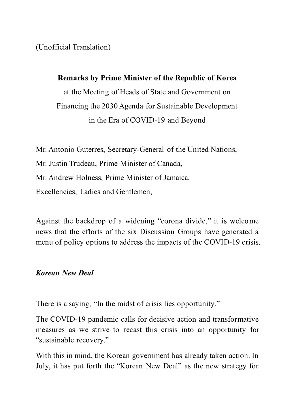 (Unofficial Translation) Remarks by Prime Minister of the Republic of Korea at the Meeting of Heads of State and Government On