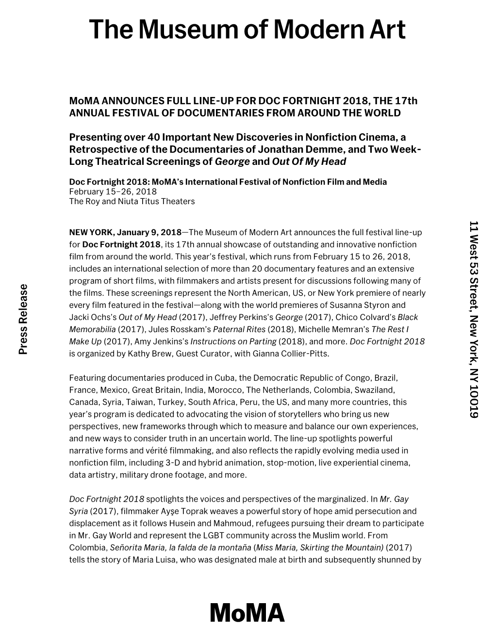 Moma ANNOUNCES FULL LINE-UP for DOC FORTNIGHT 2018, the 17Th ANNUAL FESTIVAL of DOCUMENTARIES from AROUND the WORLD