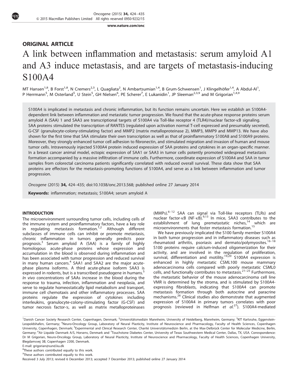 A Link Between Inflammation and Metastasis