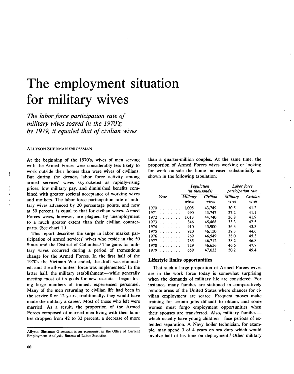 The Employment Situation for Military Wives the Labor Force Participation Rate of Military Wives Soared in the 1970'S; by 1979, It Equaled That of Civilian Wives