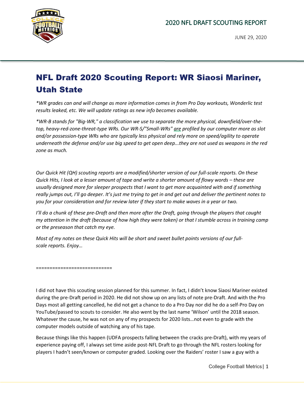 NFL Draft 2020 Scouting Report: WR Siaosi Mariner, Utah State