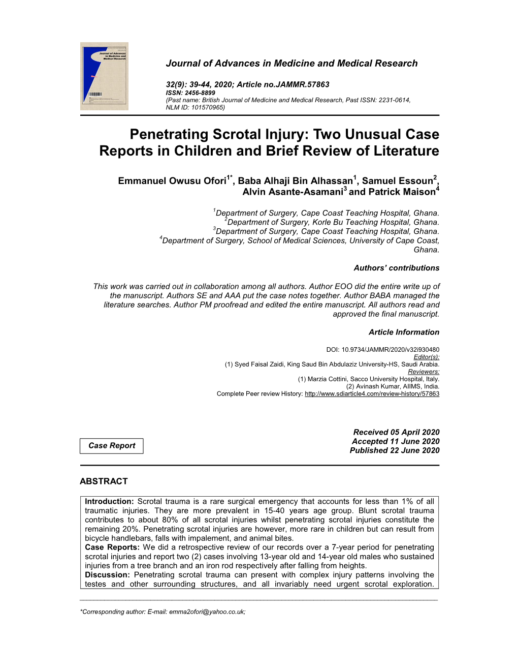 Penetrating Scrotal Injury: Two Unusual Case Reports in Children and Brief Review of Literature