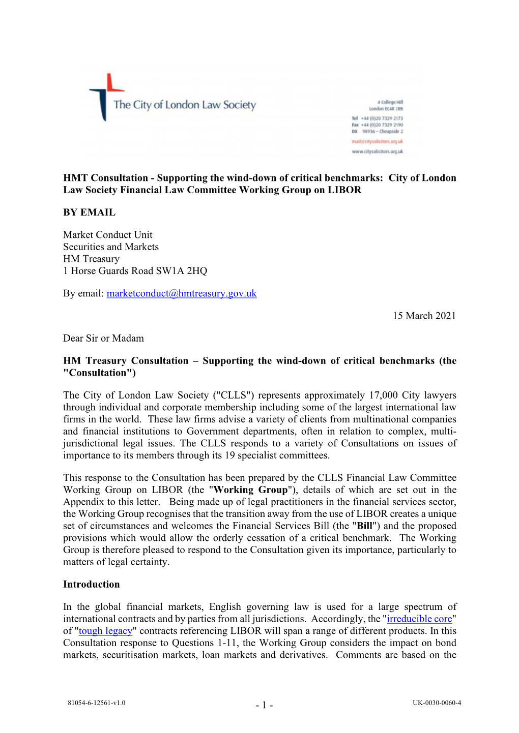 CLLS LIBOR Working Group Response to HMT Consultation Safe Harbour