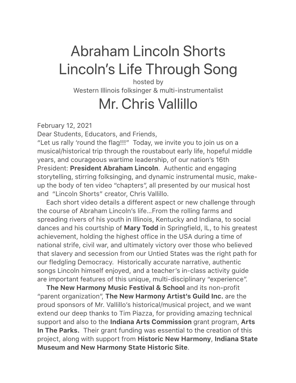 Abraham Lincoln Shorts Lincoln’S Life Through Song Hosted by Western Illinois Folksinger & Multi-Instrumentalist Mr
