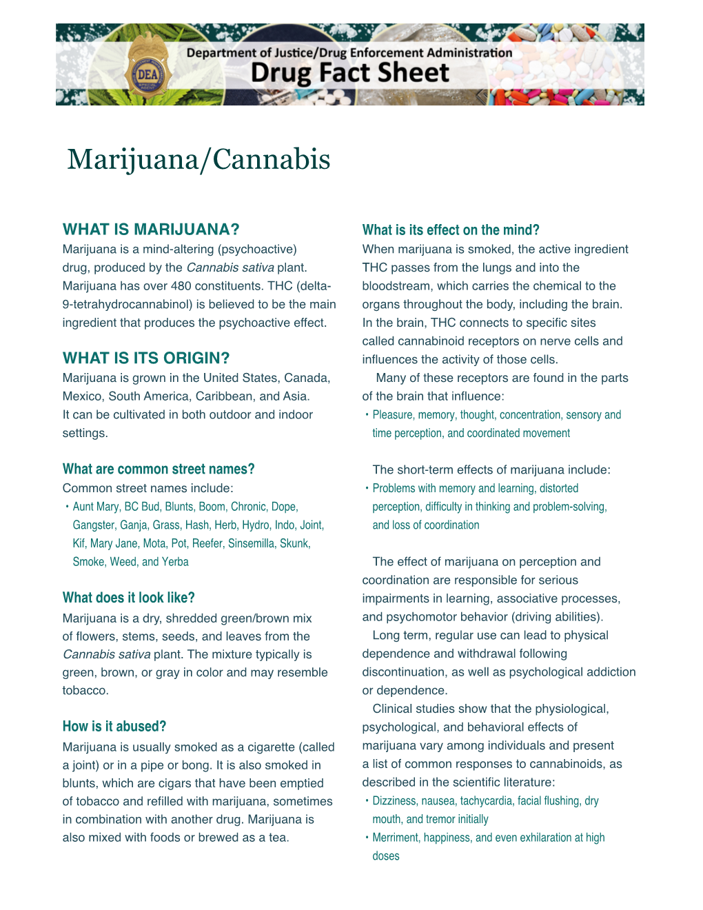 Drug Fact Sheet: Marijuana/Cannabis