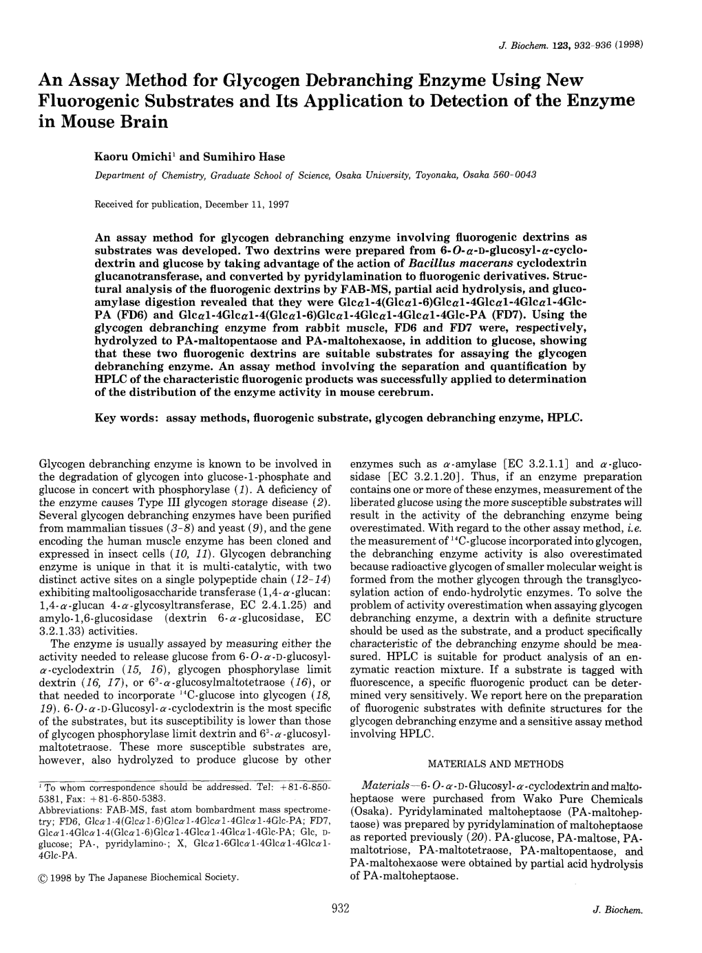 An Assay Method for Glycogen Debranching Enzyme Using New Fluorogenic Substrates and Its Application to Detection of the Enzyme in Mouse Brain