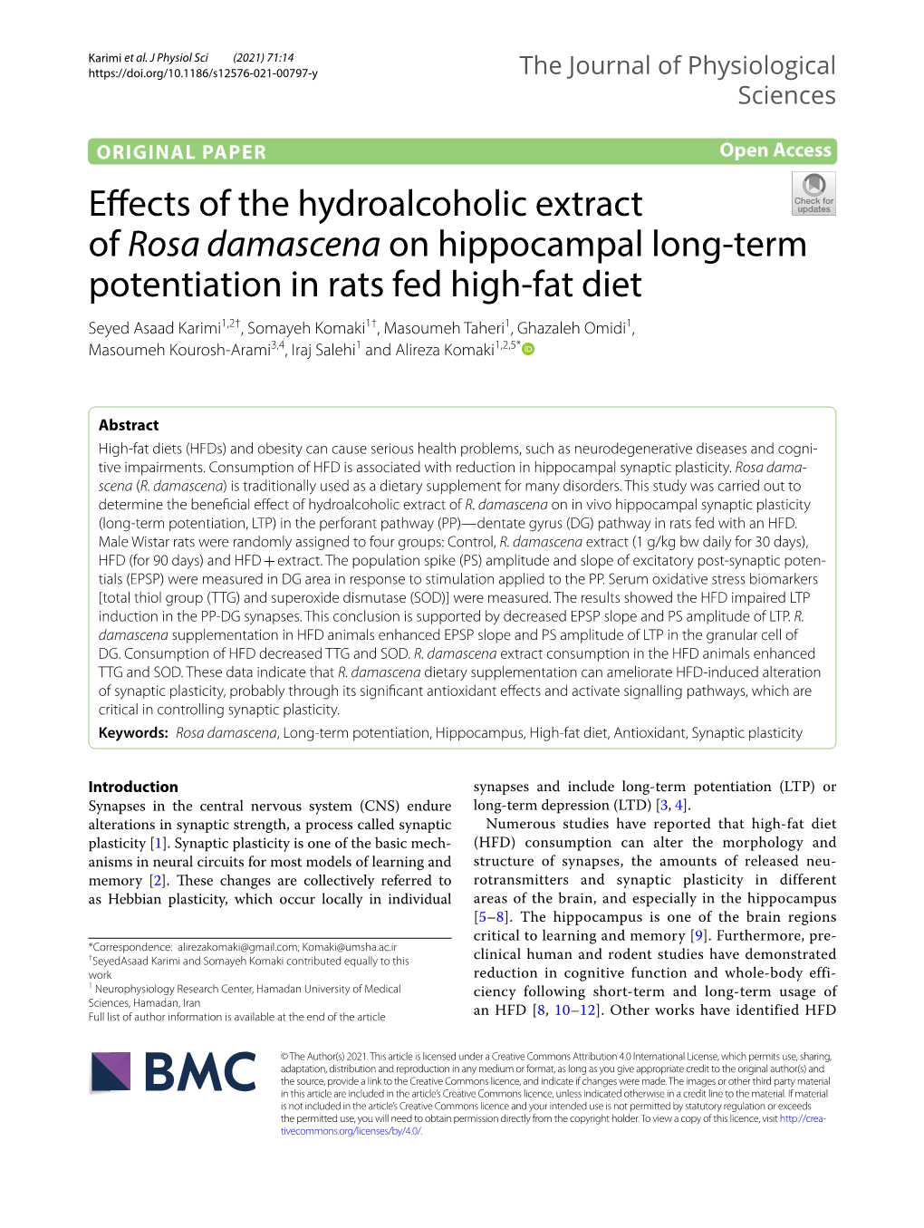 Effects of the Hydroalcoholic Extract of Rosa Damascena on Hippocampal