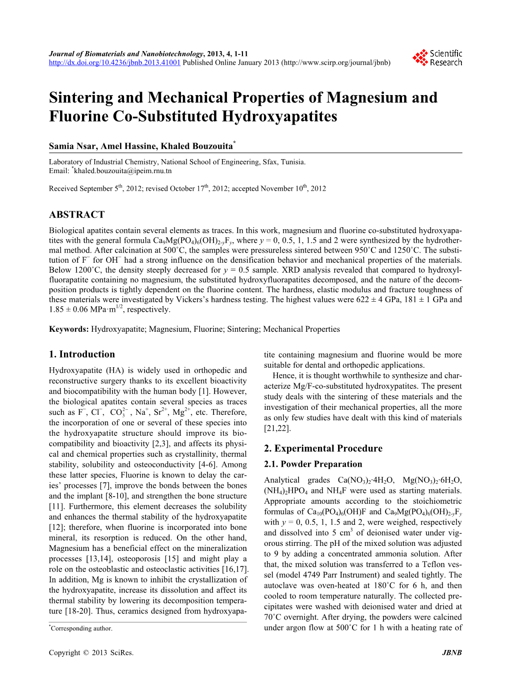 Sintering and Mechanical Properties of Magnesium and Fluorine Co-Substituted Hydroxyapatites