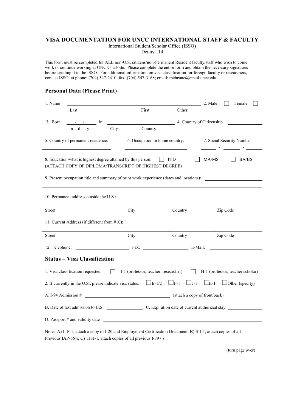 Visa Documentation for UNCC International Staff & Faculty