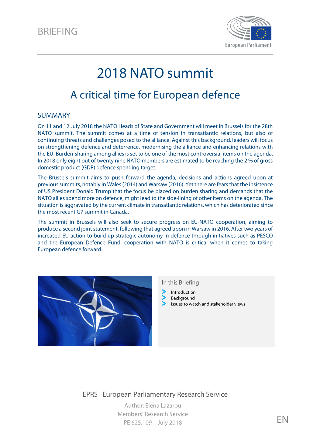 2018 NATO Summit a Critical Time for European Defence