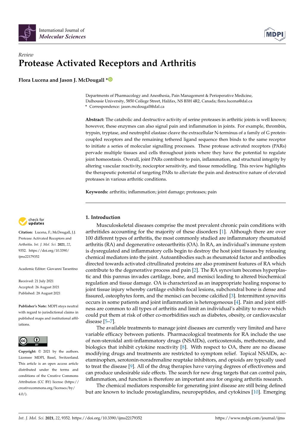 Protease Activated Receptors and Arthritis