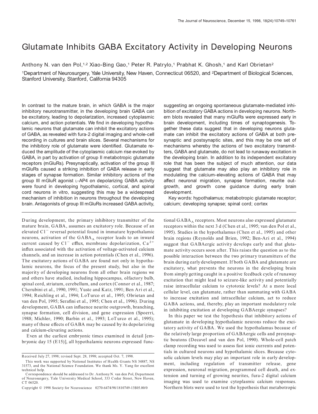 Glutamate Inhibits GABA Excitatory Activity in Developing Neurons