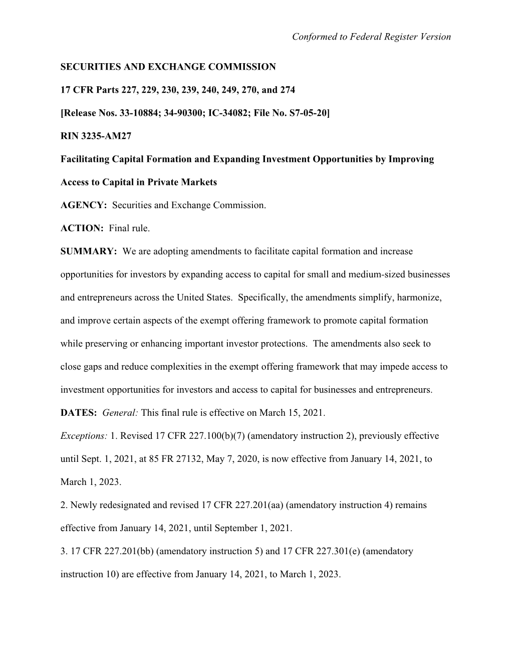 Final Rule: Facilitating Capital Formation and Expanding