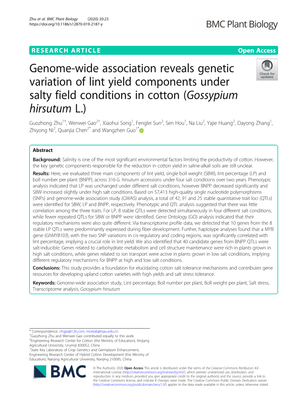 Genome-Wide Association Reveals Genetic Variation of Lint Yield