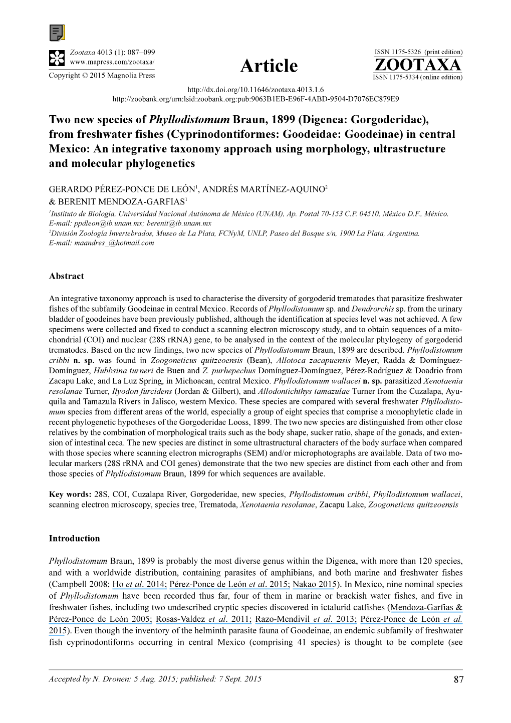 Two New Species of Phyllodistomum Braun, 1899