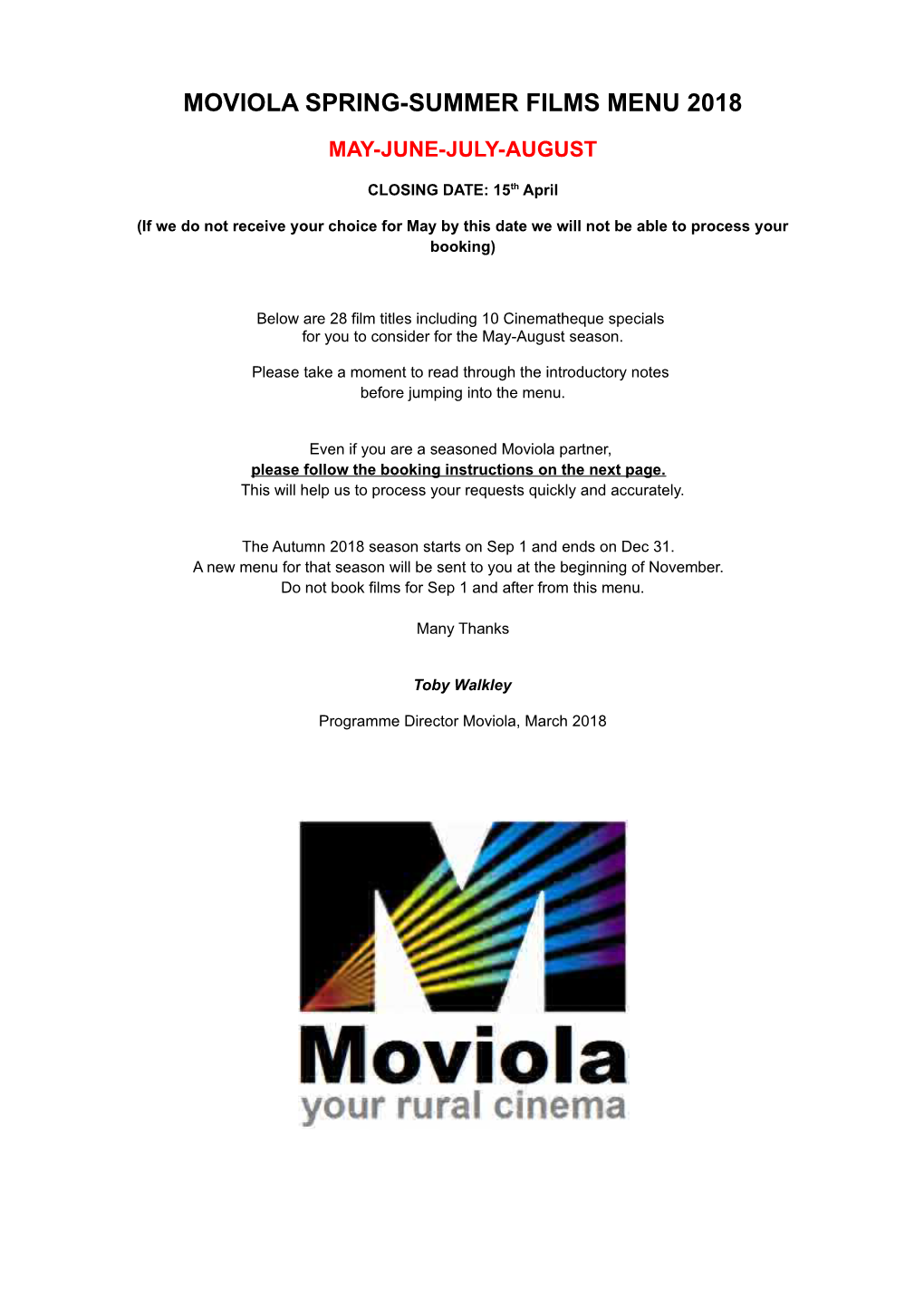 Moviola Spring-Summer Films Menu 2018