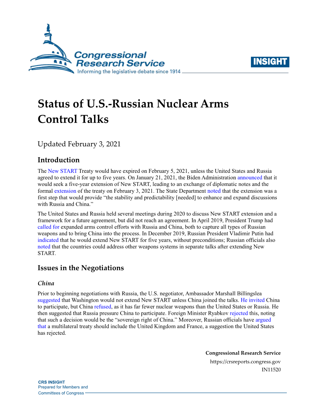 Status of U.S.-Russian Nuclear Arms Control Talks