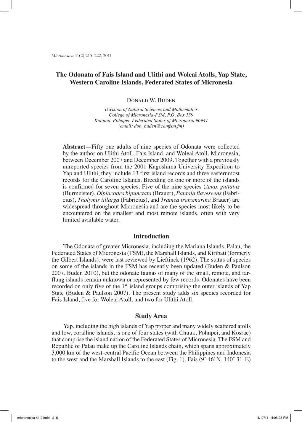 The Odonata of Fais Island and Ulithi and Woleai Atolls, Yap State, Western Caroline Islands, Federated States of Micronesia