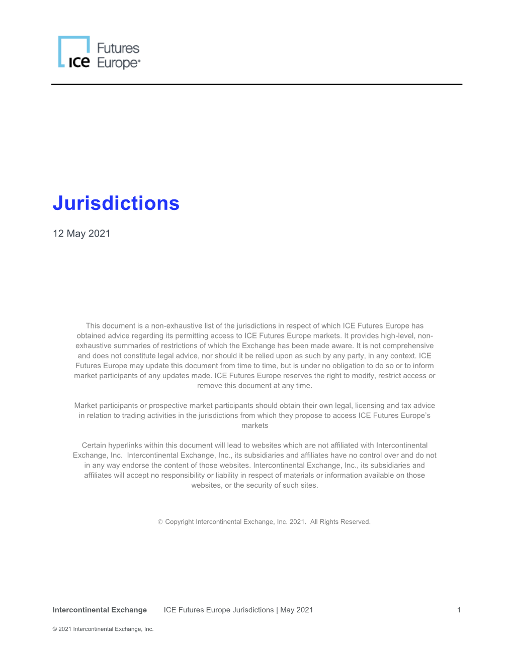 ICE Futures Europe Jurisdictions | May 2021 1