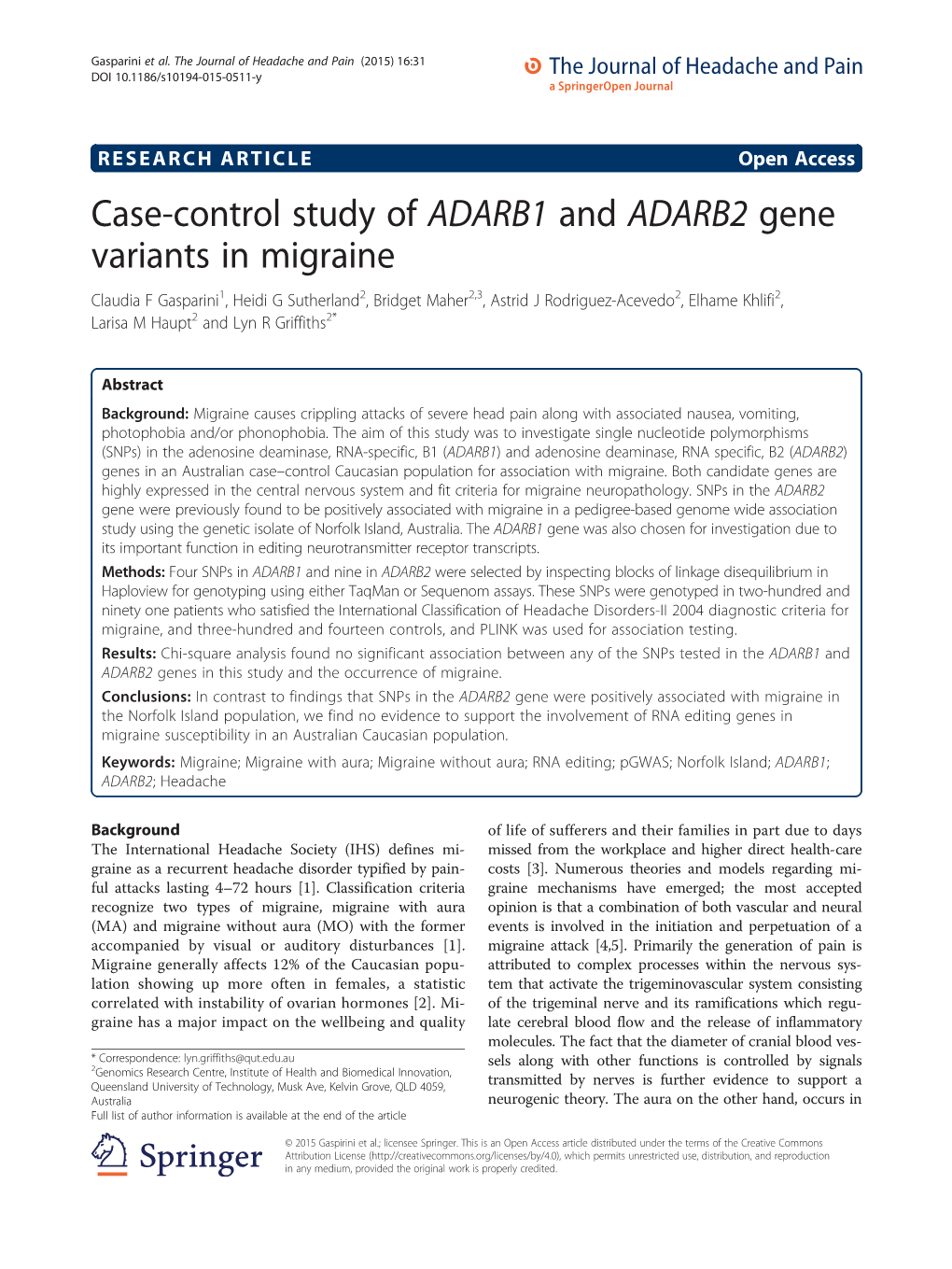 Case-Control Study of ADARB1 and ADARB2 Gene Variants in Migraine