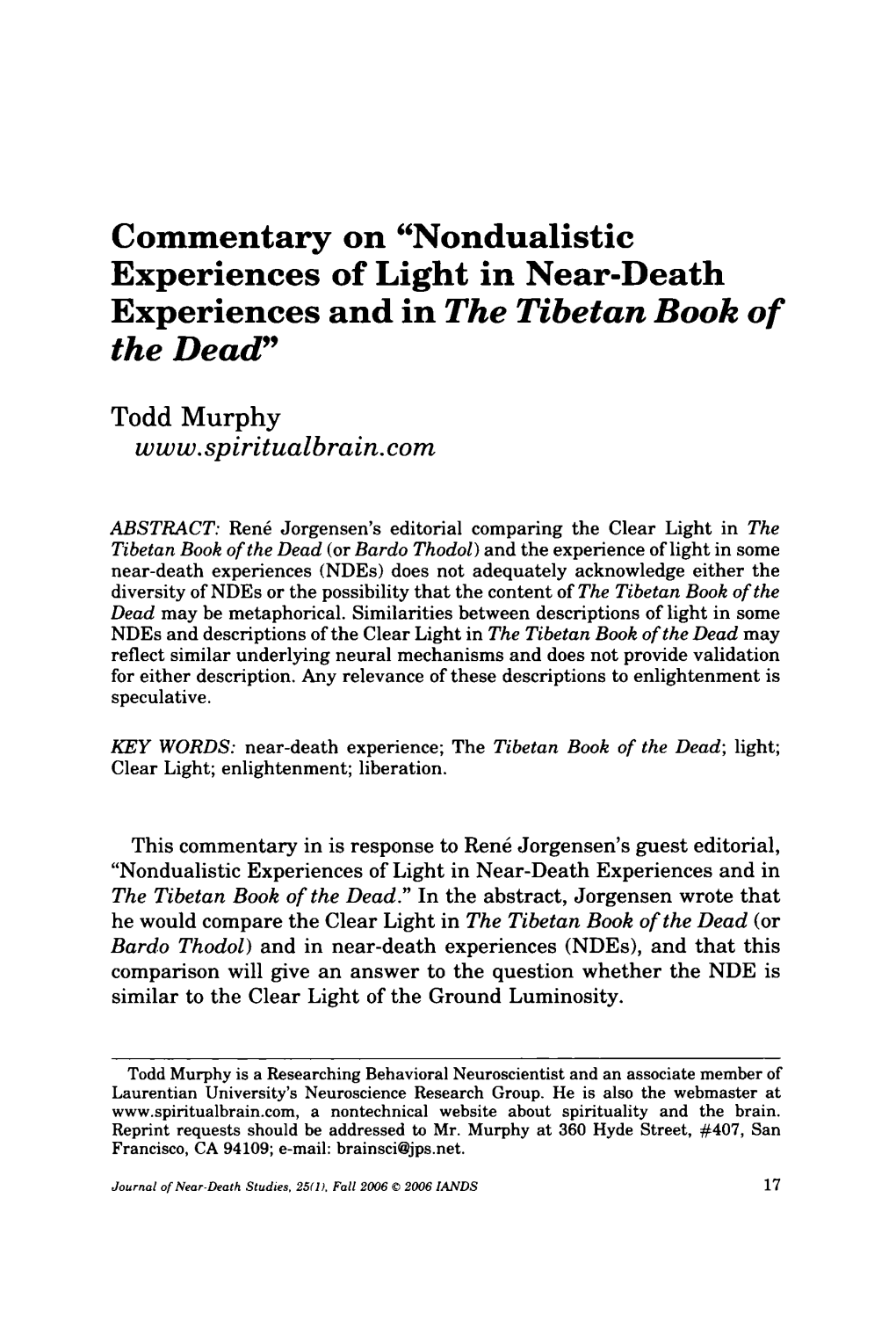 Nondualistic Experiences of Light in Near-Death Experiences and in the Tibetan Book of the Dead