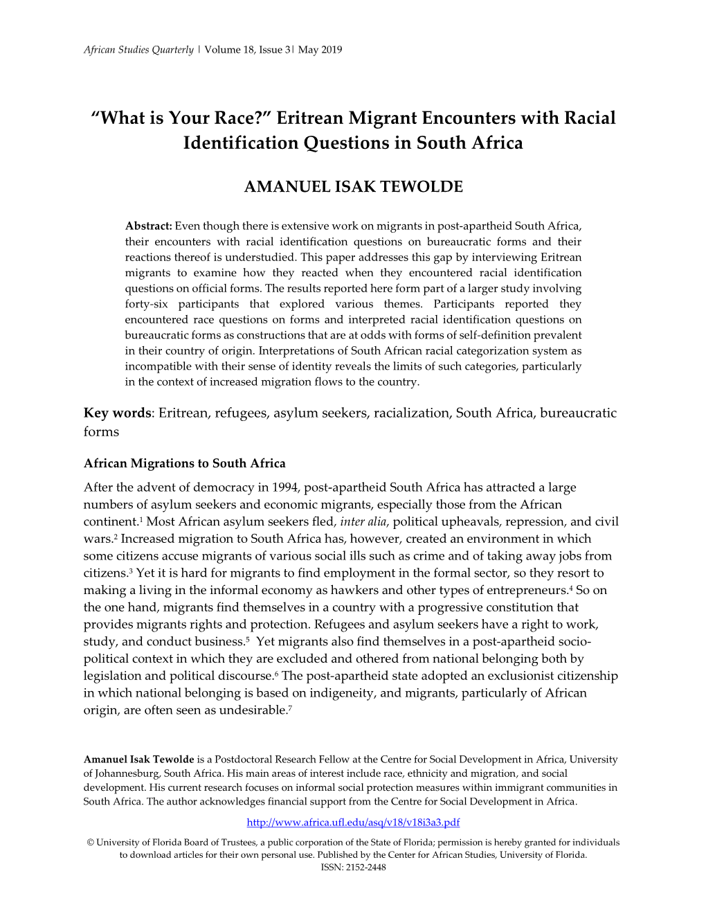 “What Is Your Race?” Eritrean Migrant Encounters with Racial Identification Questions in South Africa